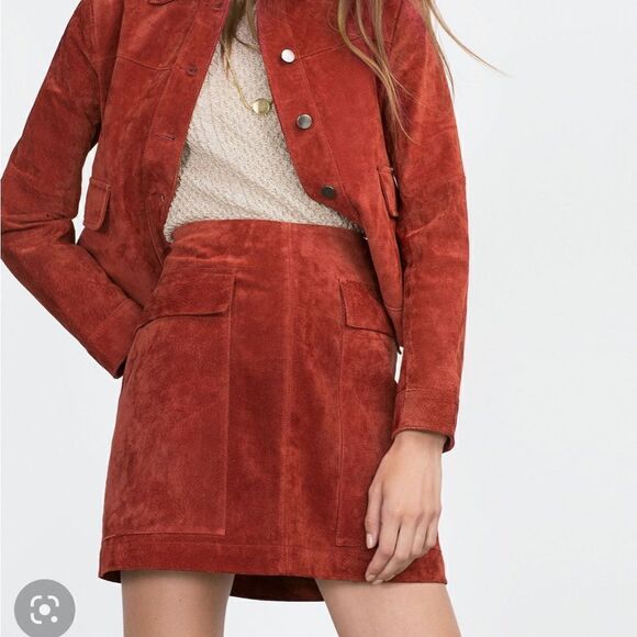 Zara Leather suede A-line miniskirt Front Pockets - Picture 1 of 11